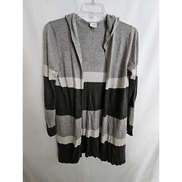 Cupio Women’s Open Front Hooded Cardigan Sweater Gray Stripe Long Sleeve Size M - Picture 1 of 6